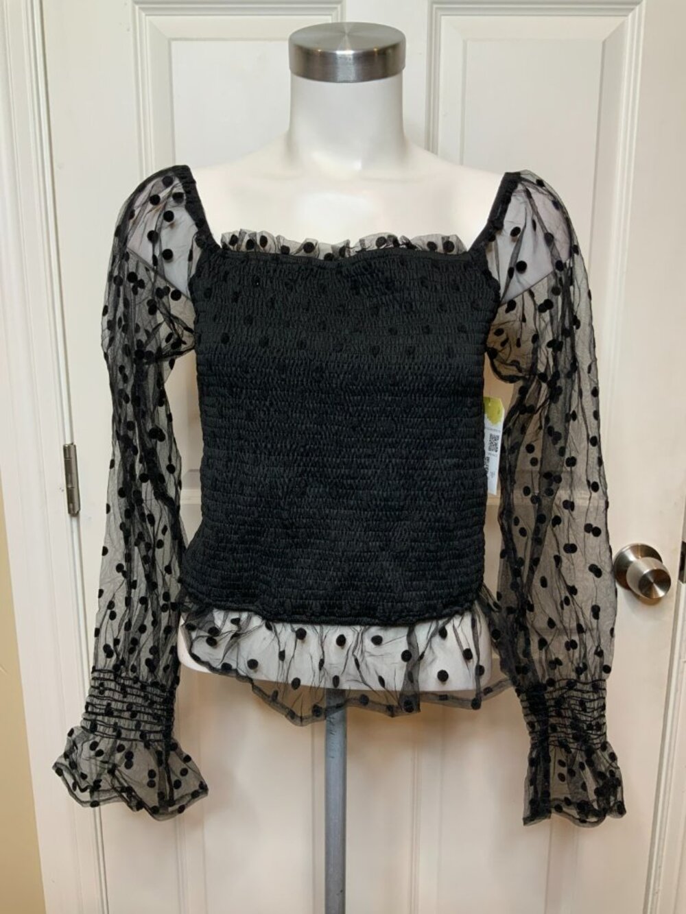 Sweet Lemon Black Top W/ Velvet Polka Dot & Sheer Tulle Detail, Size L, NWT!